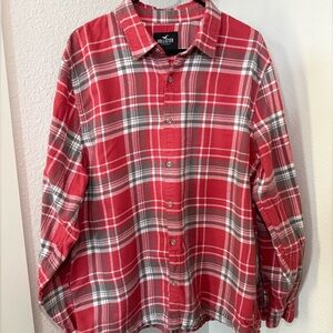 Hollister Men's Red and Gray Plaid Button Down Shirt